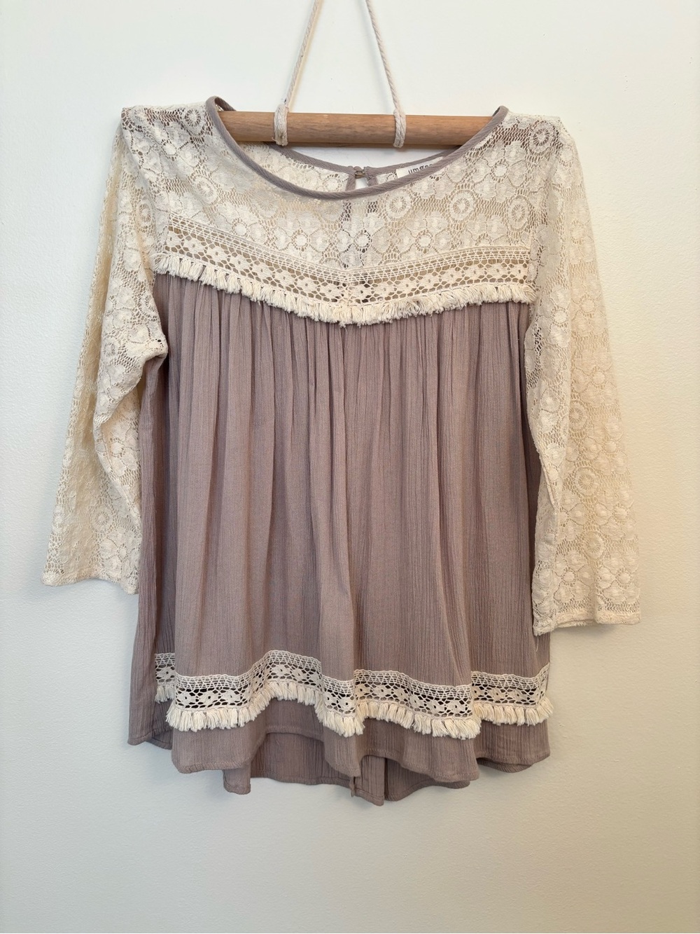 Boho-chic Taupe and Cream Crochet Lace Peasant Blouse
